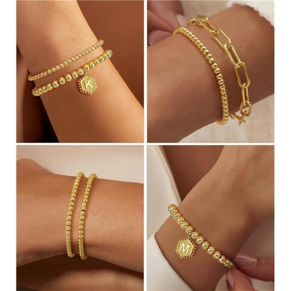 Stackable Gold Bracelets for Women, 4-Piece Initial Charm Set - Picture 4 of 7